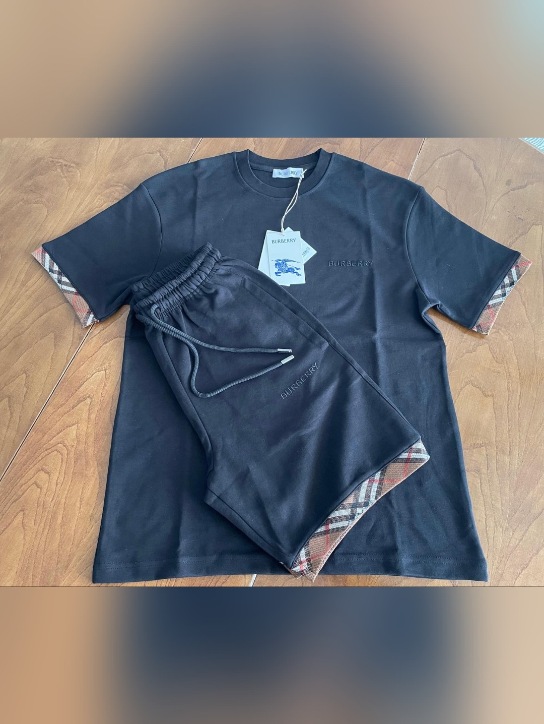 Burberry Men's Black Designer Shirt & Shorts Set- Size M